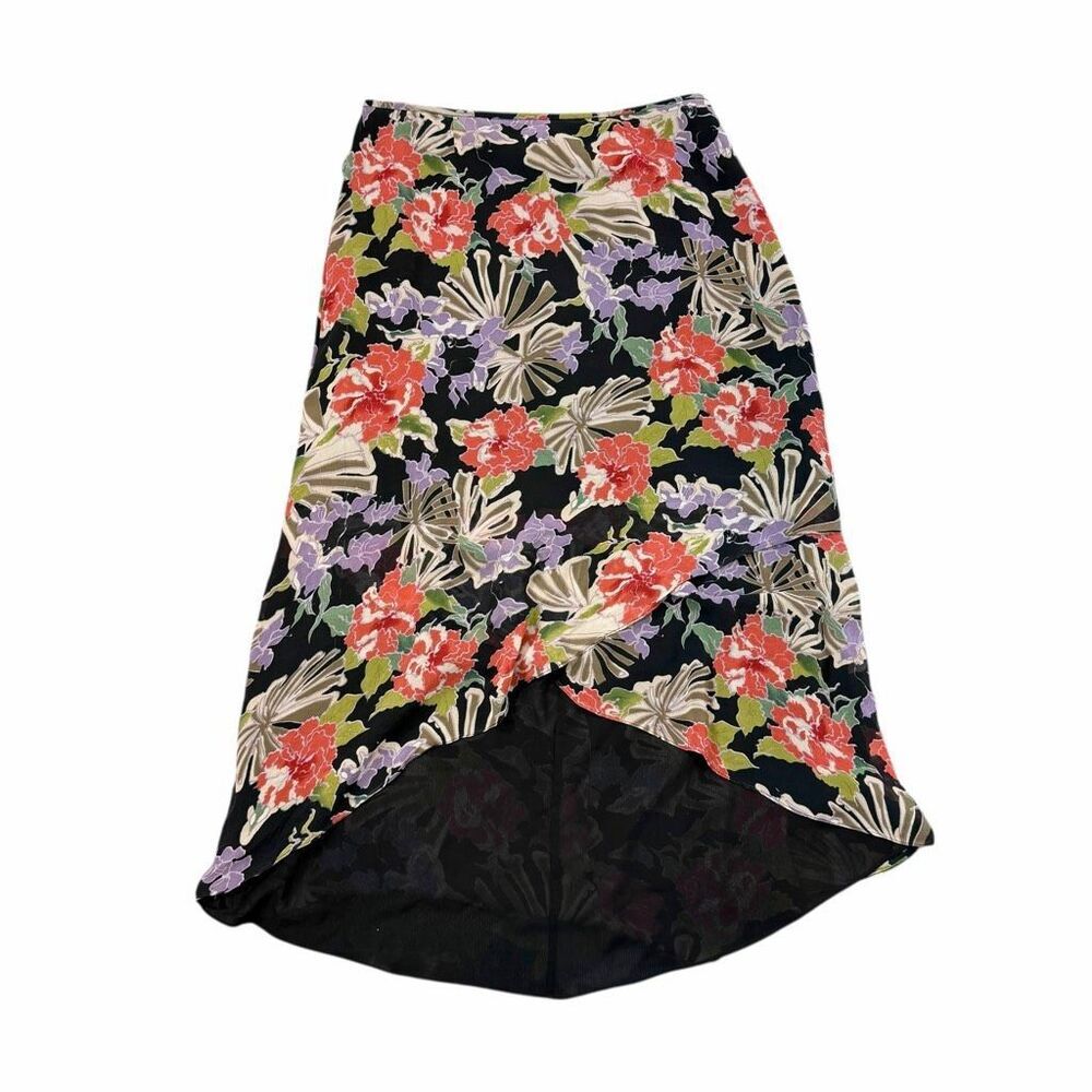 Silk Midi Skirt Vintage Adrianna Papell Size 12 Floral Print High Low Black Red - Picture 16 of 16
